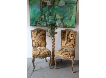 Pair Of Limed Wood Regency-style Side Chairs - Exotic Natural Pattern Fabric