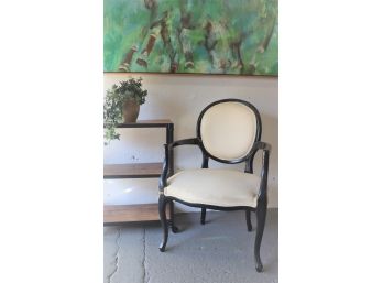 Black Lacquer Cameo Back Arm Chair With Pale Ivory Ribbed Fabric