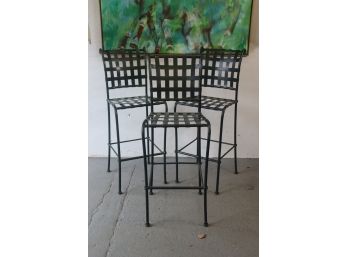 Three Wrought Iron Bar Stools With Woven Metal Seat And Back