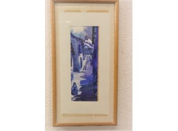 Spectacular Indigo/blue Wash Watercolor - Andes Mountain Village View To The Top