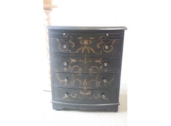 Accent Cabinet - Pullout Shelf Atop Four Drawers - Black With Painted Foliage Pattern