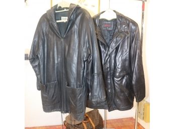 Two Men's Black Leather 3/4 Carcoats  - Sizes: 40 And Small