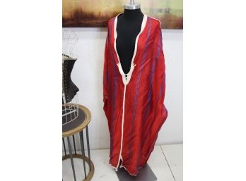 Vermillion Red Kaftan With Indigo Regency Repp Stripes And Lace Edging - Size: L