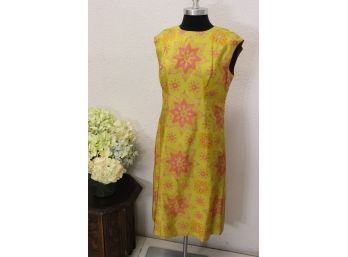 Yellow Silk Jubilee-Flame Pattern Dress - Design Thai Bangkok, Size 10