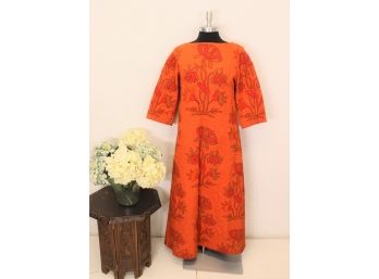 Persimmon/Coral/Sage Lotus Blossom Pattern Long Quilted Tunic - Chinese Knot Buttons At Back