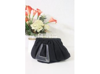 Black Pouche With Lucite Clasp And Handles - No Name, But Saks Fifth Ave Fabric Square Is Inside