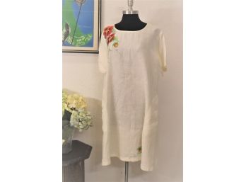 White Linen Dress With Hand-Painted Flowers