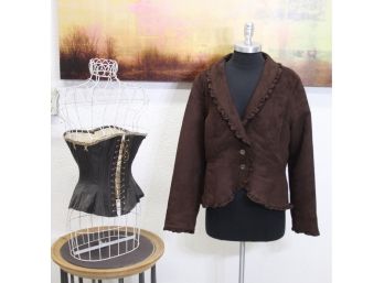 Faded Glory Dark Brown UltraSuede Ruffle Blazer - Size: L ( 12-14)