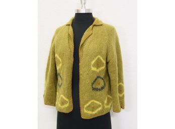 Hand-Knit Chartreuse Italian Wool Blend Open Cardigan - Size 12