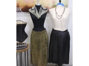 A Couple Of Midis - Black Leather Skirt & Olive Green Suede Skirt - Size: 44 (Black Skirt)