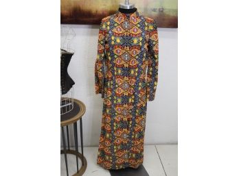 Hand-Screened Exotic Polychrome Full Length Long Sleeve Cover Up - Size:14