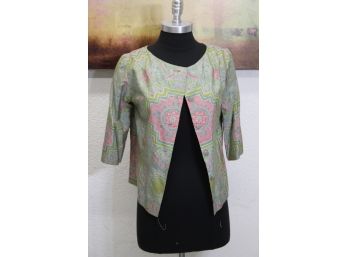 Four Button, Three Quarter Sleeve Silk Greens & Pink Blouse - Design Thai Bangkok, Size: 10