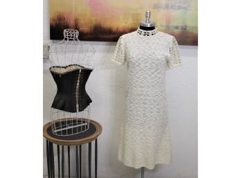 Textured Cream Ivory Knit Dress With Crochet Sleeves And Neck - Size: S Or M