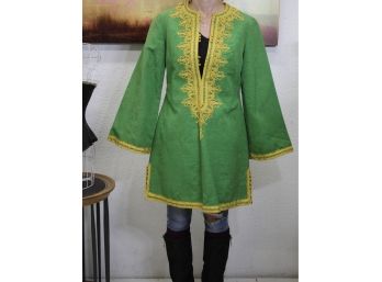 Vintage 60's Green And Gold Egyptian Corded Caftan By Atlas Khan El Khalili-  Size-S