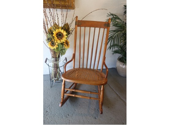 Vintage Low-Arm Rocking Chair With Woven Cane Seat