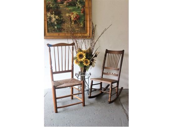 Pair Of Chairs - Cane Seat Rocker & Rush Seat Tall Side Chair