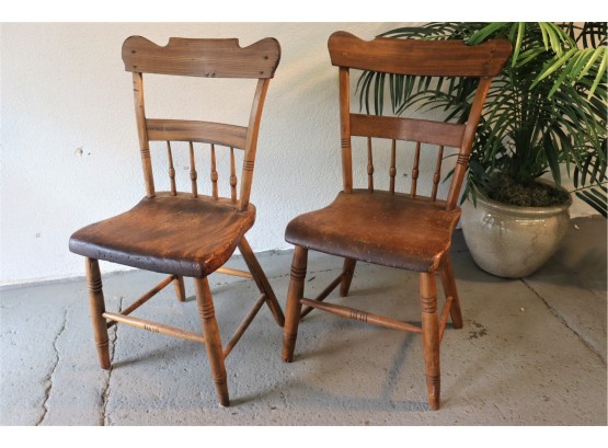Pair Of Antique Half-Spindle Plank Bottom Chairs