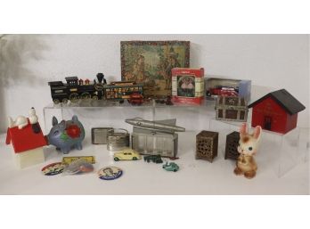 Group Lot Of Vintage Novelty Banks, Toy Cars And Trains And Other Fun Stuff