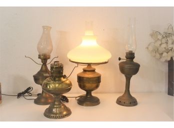 Lot Of Four  Vintage Oil Lamps-2 Converted To Electric, 1 OG Oil, And 1 Incomplete
