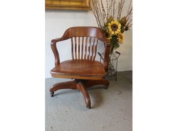 Vintage Oak Captain's Arm/Desk Chair On Swivel Base & Casters
