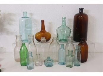 Group Lot Of Vintage Bottles - Blue. Clear, Brown, And Green Glass