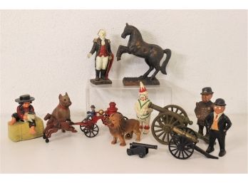 Group Lot Of Painted Cast Iron Banks, Figurines, Cannons, And Horse-drawn Fire Wagon