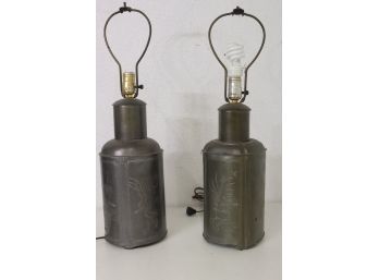 Two Pewter Vintage Milk Can Lamps - Pressed/Stamped Bird & Tree Motif