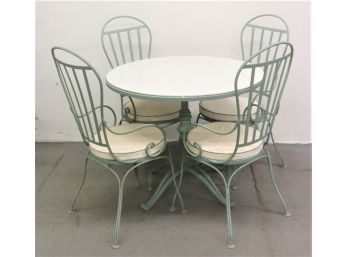 Vintage Scroll Pedestal Garden Tea Table With Four Slat & Hoop Chairs - Glass Top