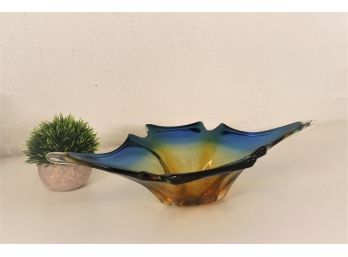 Vivid Vintage Hand Blown Art Glass Stretch Bowl/Centerpiece - Blue To Clear To Amber/Gold Ombre