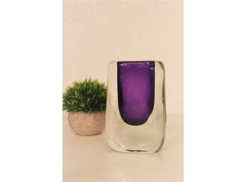 True Purple & Ice Clear Sommerso Blown Glass Vase - Etch Signed At Bottom Front