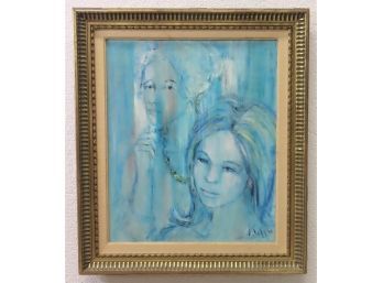 Deux Bonne Femmes En Bleu - Original Canvas Painting, E. Laffon 1965, Signed And Dated