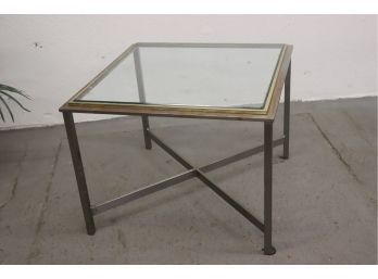 Square Brass Banded Glass Table On Rusticated Steel Base