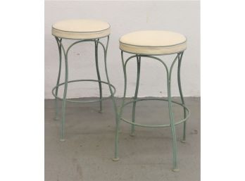 Two Parlor Style Stools White Cushion And Pale Green Metal Base - Counter Height