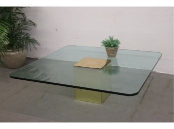 Bold Modern Glass Coffee Table On Brass Square Pillar