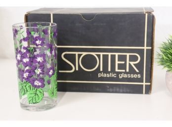 Six Vintage Violets Pattern Plastic Glasses, H.J. Stotter, In Original Box