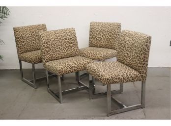 Four Mod Chrome Base Dining Chairs In Leopard Print Inspired Fabric