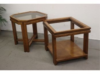 Set Of Two Walnut Geometric Glass Top Side Tables - Square Glass Top Is Missing By Lane