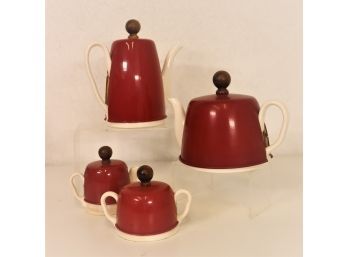 MCM Red Metal Covered Ceramic Tea Pot & Coffee Pot With Creamer & Sugar - Insulated, Wooden Knobs