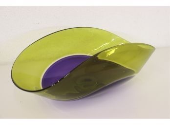 Bent  Art Glass Folded Bowl, Chartreuse And Violet - Signed 'LGW 16', Lisa G. Westheimer