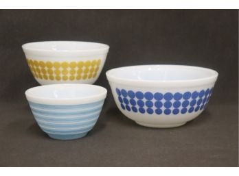 Trio Of Vintage Pyrex Nesting Ovenware Bowls - Blue Dot, Yellow Dot, And Blue/white Stripes, #403