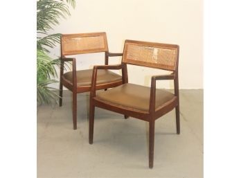 Spectacular Vintage Form - Two Jens Risom Walnut & Rattan Arm Chairs - Cane Backs Need Repair