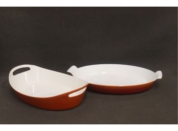 Two MCM Scandinavian Enameled Cast Iron Oval Casseroles - 1 Copco/michael Lax , No Mark On Other