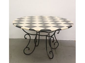 Black & White Checker Board Round Wood Table On Sculpted Wrought Iron Base