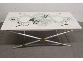 Post-Modern Coffee Table - Geometric Aluminum & Brass Base & Abstracted Crest Detail On Table Top