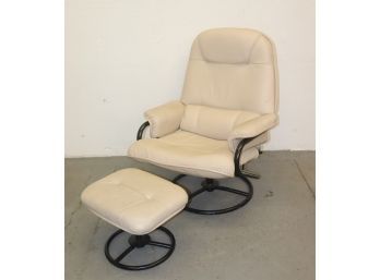 Reclining Lounge Chair With Ottoman - Cream Faux-Leather And Black Metal Frame