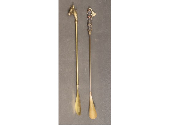 Vintage Long Brass Shoe Horns - Figurine Handles- 'HearNoSeeNospeakNo Trio' & 'Jack Woltz's Khartoum'