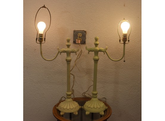 Superb Pair Of Vintage  Single Offset Arm Table Lamps - Corinthian Flourish On Painted Spelt