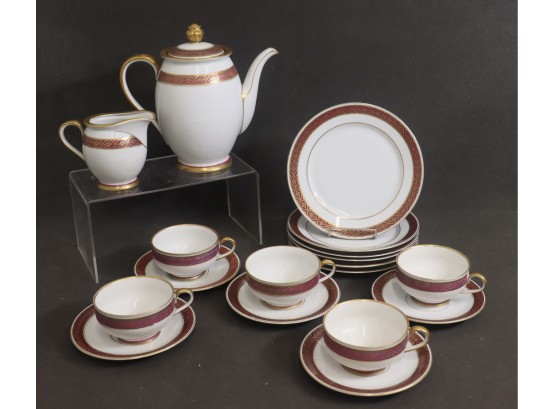 Jaeger & Co Porcelain Red & Gold Coffee Pot, Cup/Saucer & Dessert Plates (partial, Incomplete)