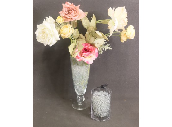 Artistic Faux-Floral Bouquet With Clear Glass Beads And Two Glass Display Vessels