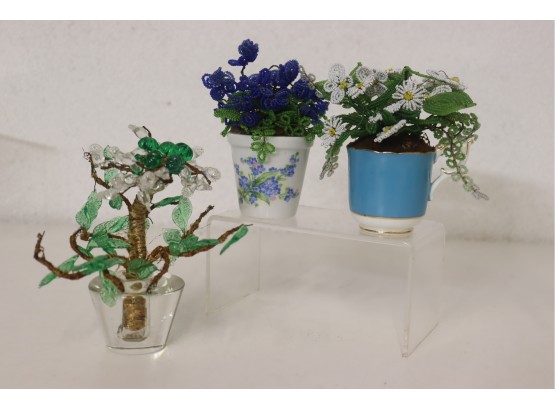 Three Adorable Beaded Glass & Wire Flower Plants - One In Limoges Mini Pot